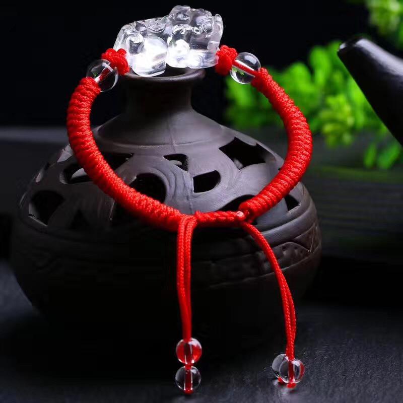 Hand Carved Clear Quartz FENG SHUI PIXIU 'AMPLIFIED PROSPERITY' Red Rope Bracelet