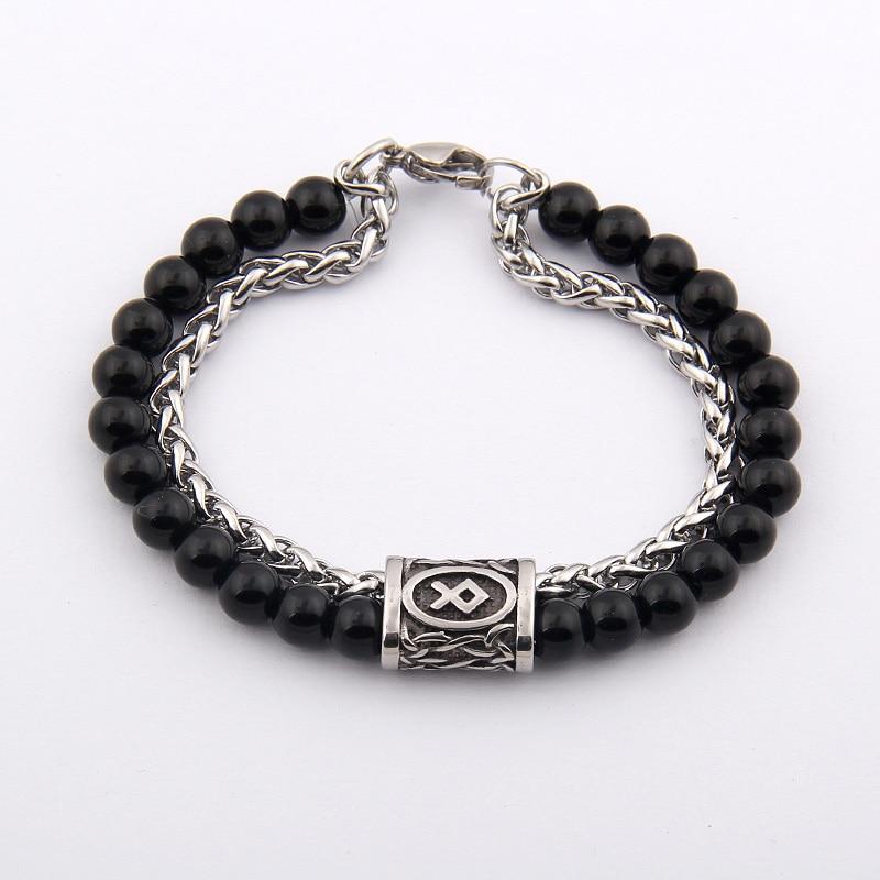 Stainless Steel ,Natural Tiger Eye/Obsidian STONE & VIKING RUNE Men's Bracelet