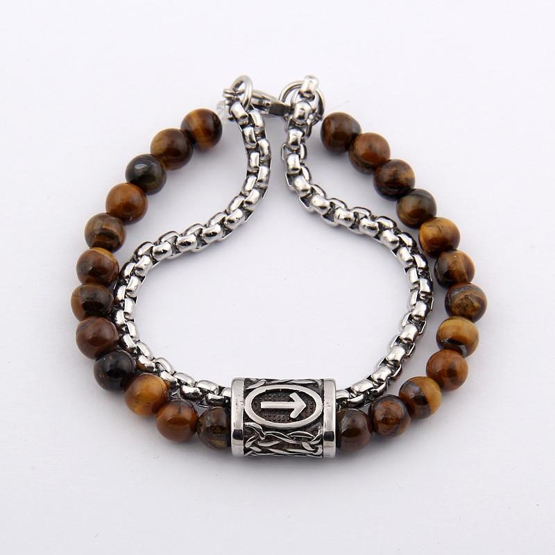 Stainless Steel ,Natural Tiger Eye/Obsidian STONE & VIKING RUNE Men's Bracelet