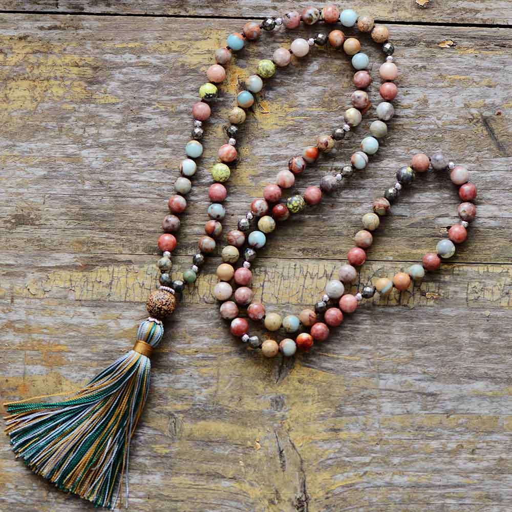Natural Jasper Agate Pyrite Bead Necklace With Tassel