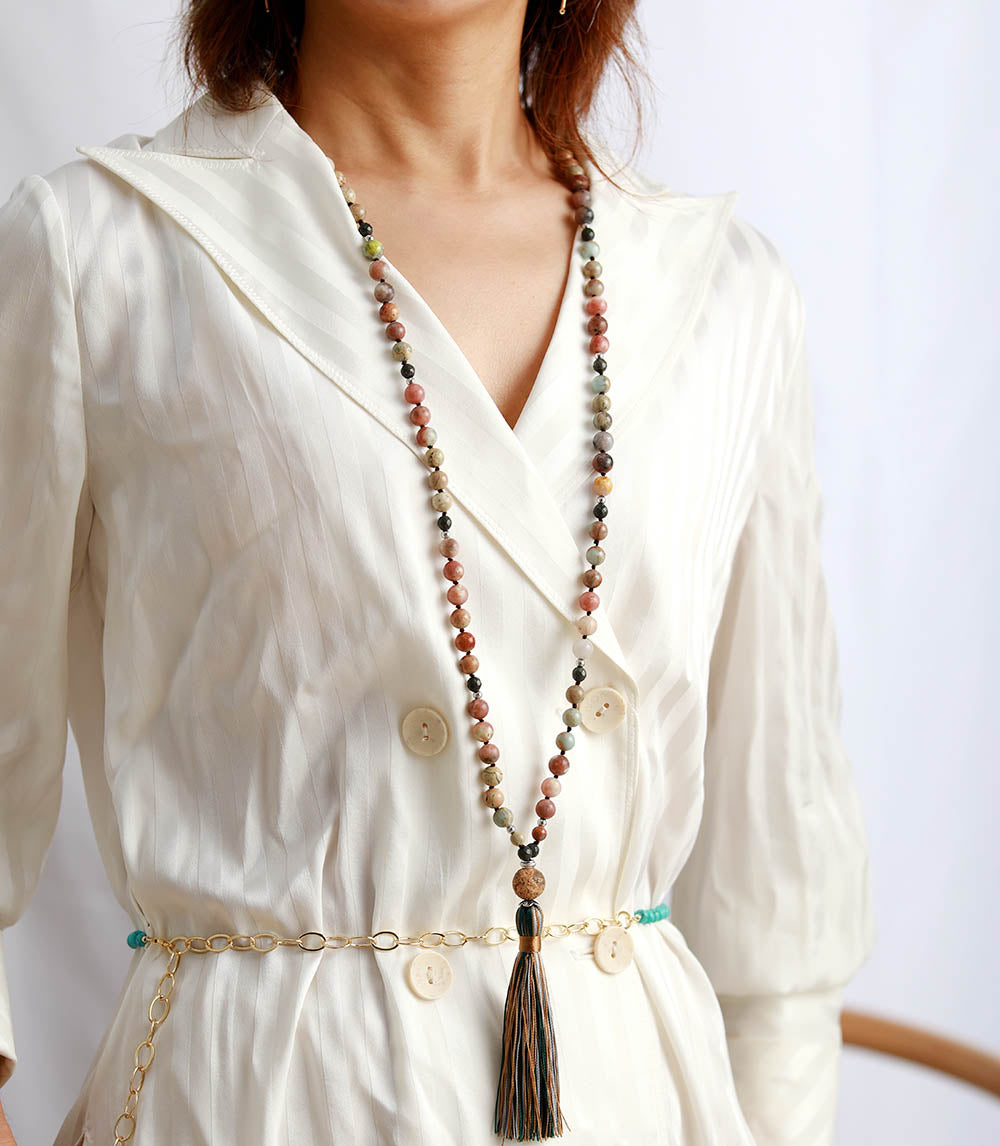 Natural Jasper Agate Pyrite Bead Necklace With Tassel