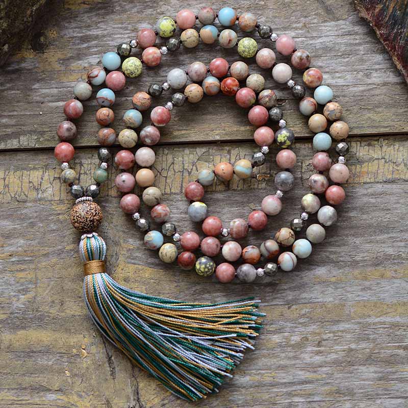 Natural Jasper Agate Pyrite Bead Necklace With Tassel