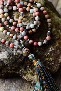 Thumbnail for Natural Jasper Agate Pyrite Bead Necklace With Tassel