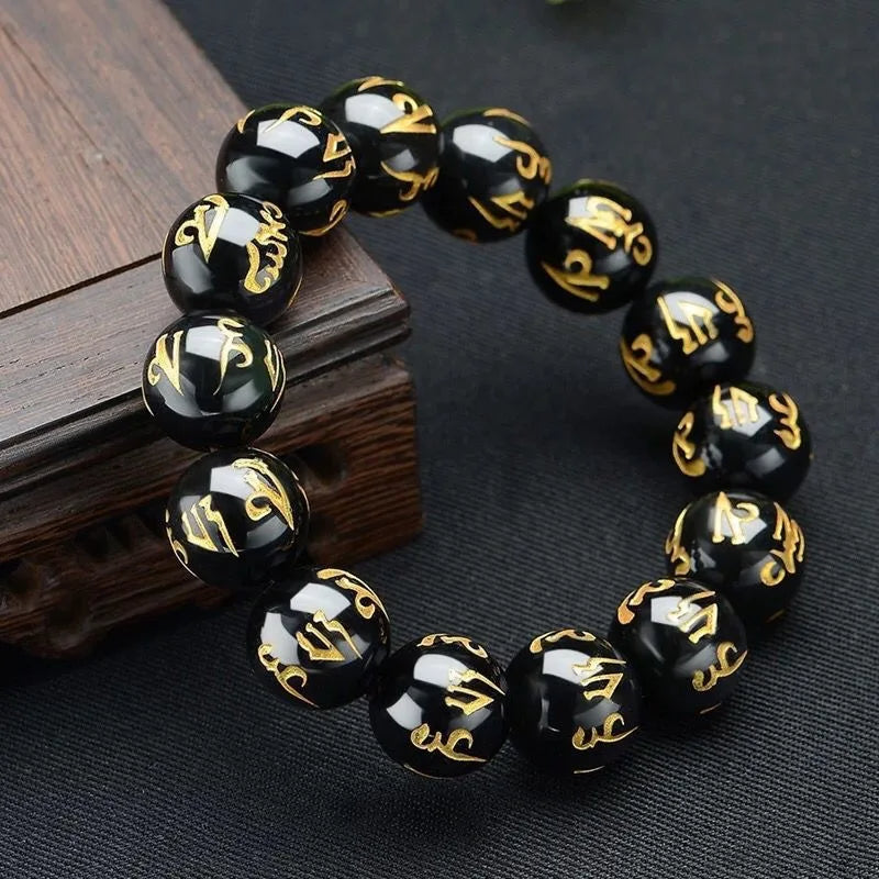 Natural Black Obsidian Carved Buddha Lucky Bracelet