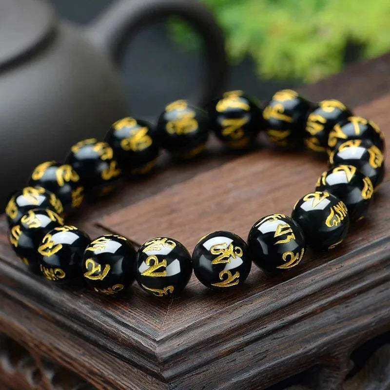 Natural Black Obsidian Carved Buddha Lucky Bracelet