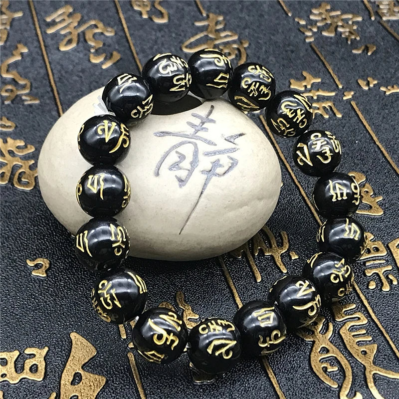 Natural Black Obsidian Carved Buddha Lucky Bracelet