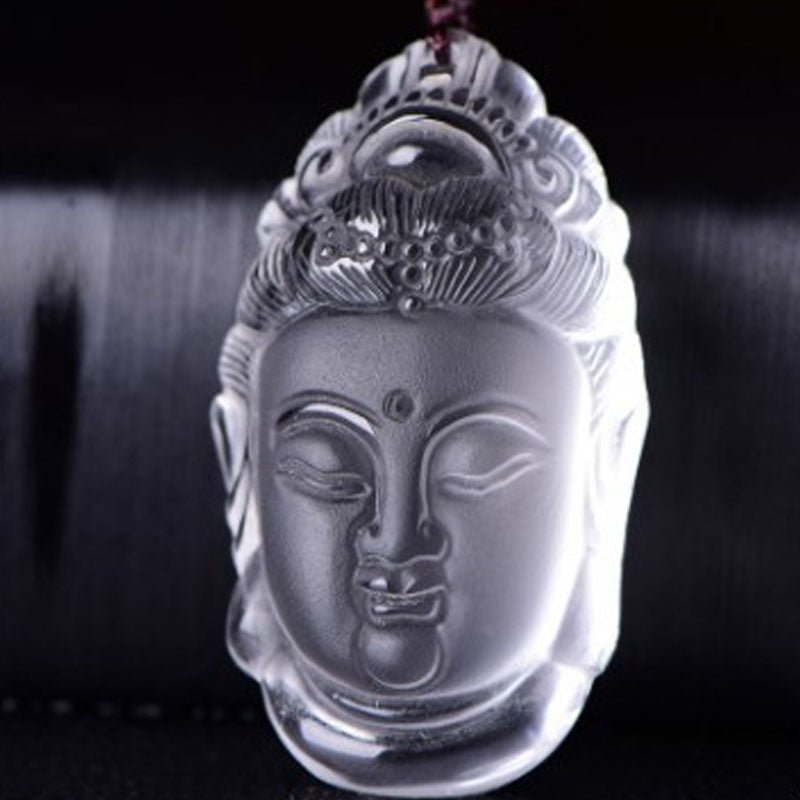 Natural Clear Crystal Carved Guanyin Pendant Necklace