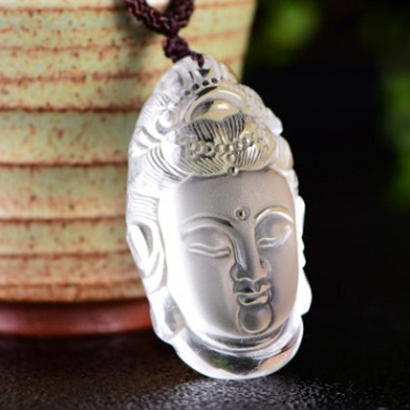 Natural Clear Crystal Carved Guanyin Pendant Necklace