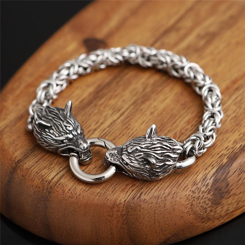 Stainless Steel Nordic DOUBLE WOLF Head ANIMAL SPIRIT King Chain Bracelet