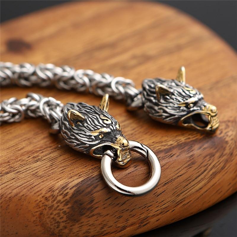 Stainless Steel Nordic DOUBLE WOLF Head ANIMAL SPIRIT King Chain Bracelet