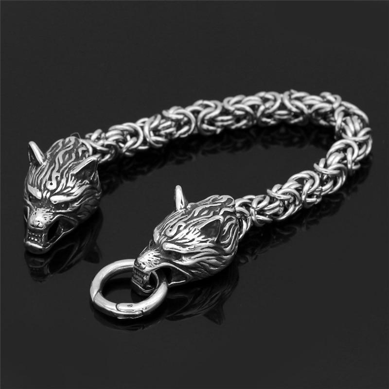 Stainless Steel Nordic DOUBLE WOLF Head ANIMAL SPIRIT King Chain Bracelet