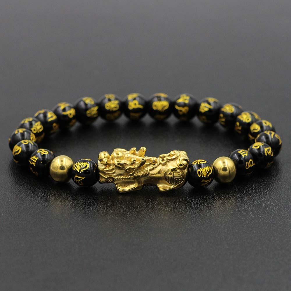 NEVER FADE! Golden Steel Pixiu & Mantra FENG SHUI for WEALTH Obsidian Bracelet