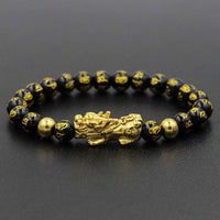 Thumbnail for NEVER FADE! Golden Steel Pixiu & Mantra FENG SHUI for WEALTH Obsidian Bracelet