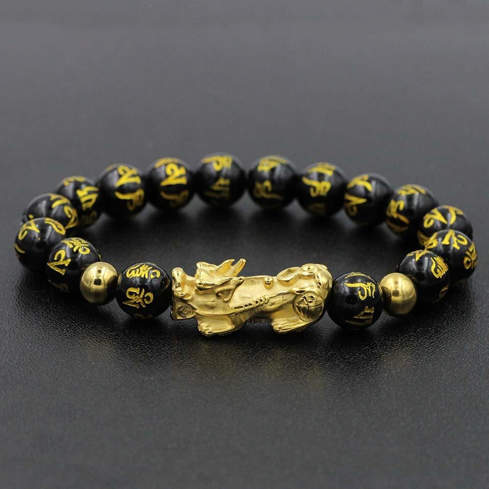 NEVER FADE! Golden Steel Pixiu & Mantra FENG SHUI for WEALTH Obsidian Bracelet