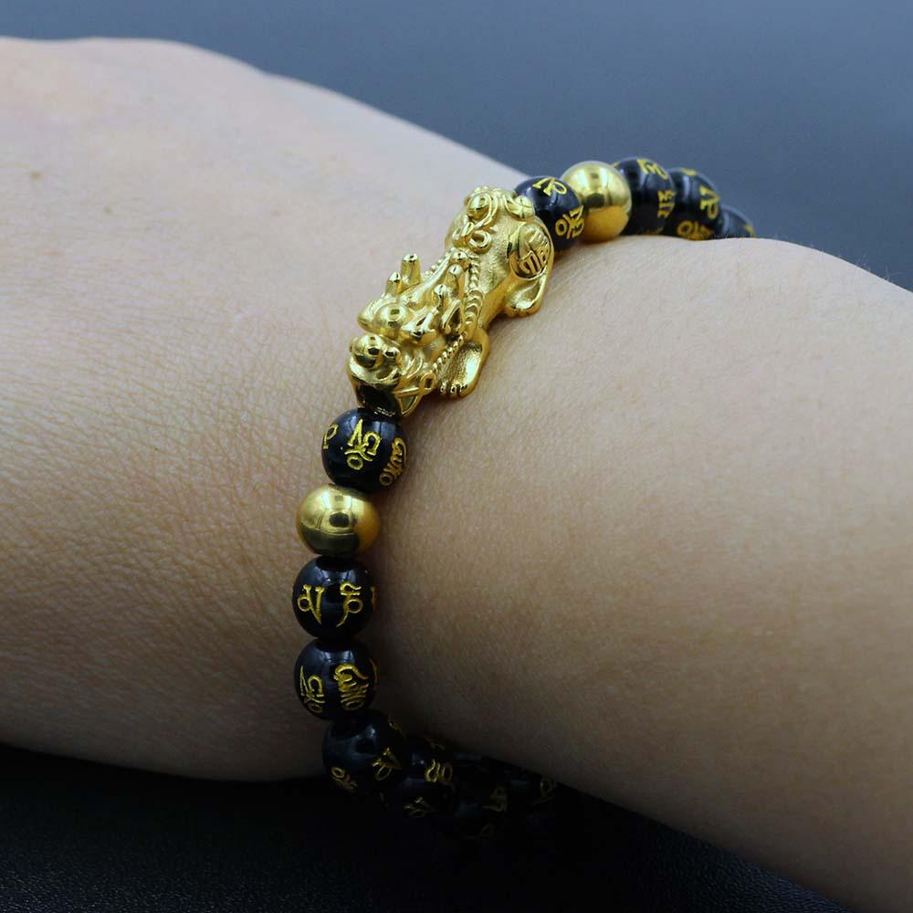 NEVER FADE! Golden Steel Pixiu & Mantra FENG SHUI for WEALTH Obsidian Bracelet