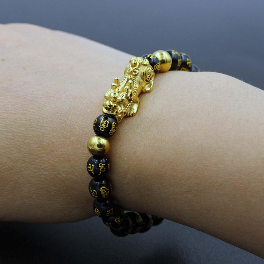 NEVER FADE! Golden Steel Pixiu & Mantra FENG SHUI for WEALTH Obsidian Bracelet