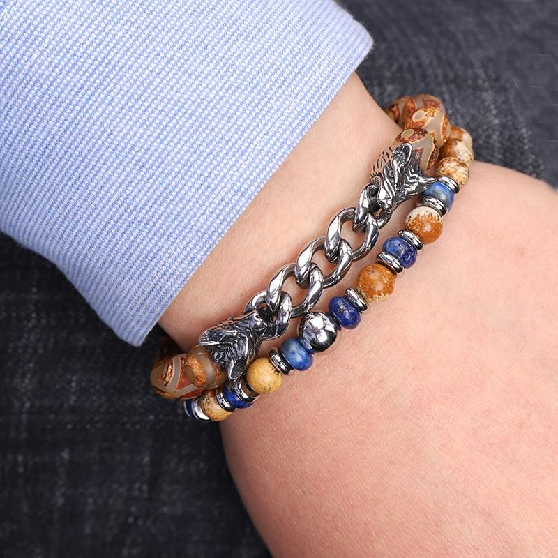 Natural Stone & Stainless Steel  Double WOLF 'LOYALTY' 2 pc Bracelet Set -13 Styles