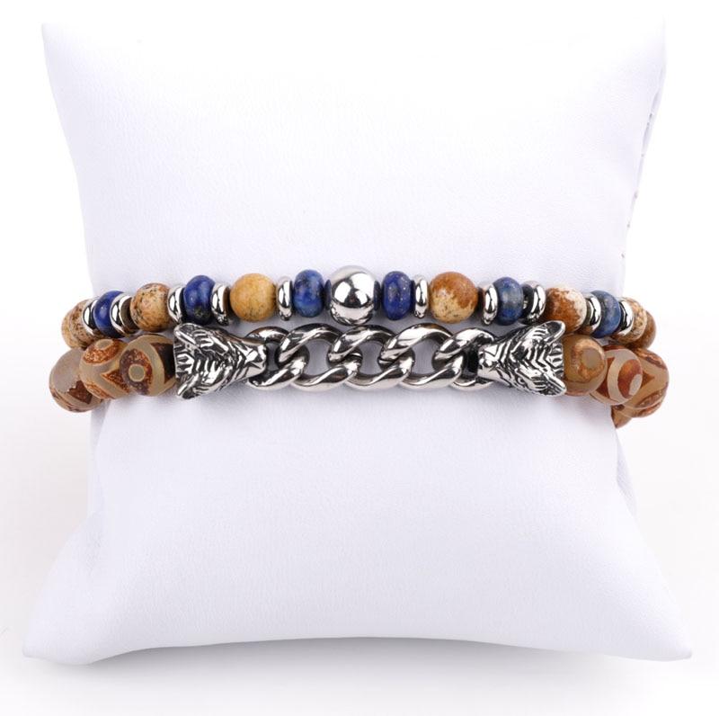 Natural Stone & Stainless Steel  Double WOLF 'LOYALTY' 2 pc Bracelet Set -13 Styles