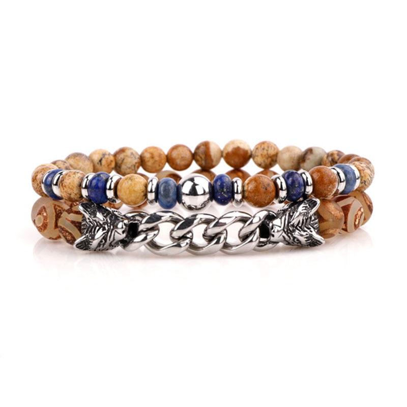 Natural Stone & Stainless Steel  Double WOLF 'LOYALTY' 2 pc Bracelet Set -13 Styles