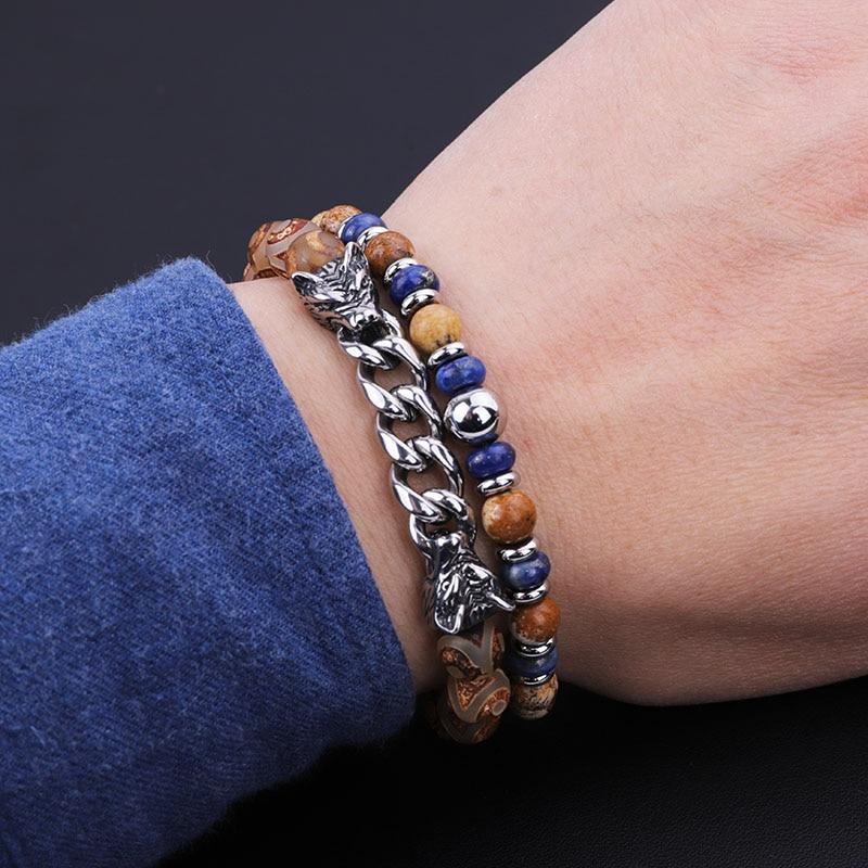 Natural Stone & Stainless Steel  Double WOLF 'LOYALTY' 2 pc Bracelet Set -13 Styles