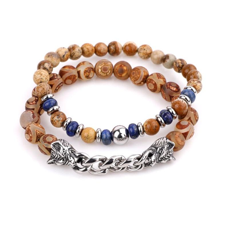 Natural Stone & Stainless Steel  Double WOLF 'LOYALTY' 2 pc Bracelet Set -13 Styles