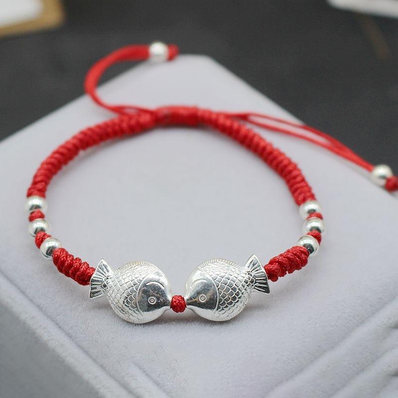 925 Sterling Silver Kissing KOI Fish FREEDOM & FERTILITY Lotus  Red Rope Bracelet