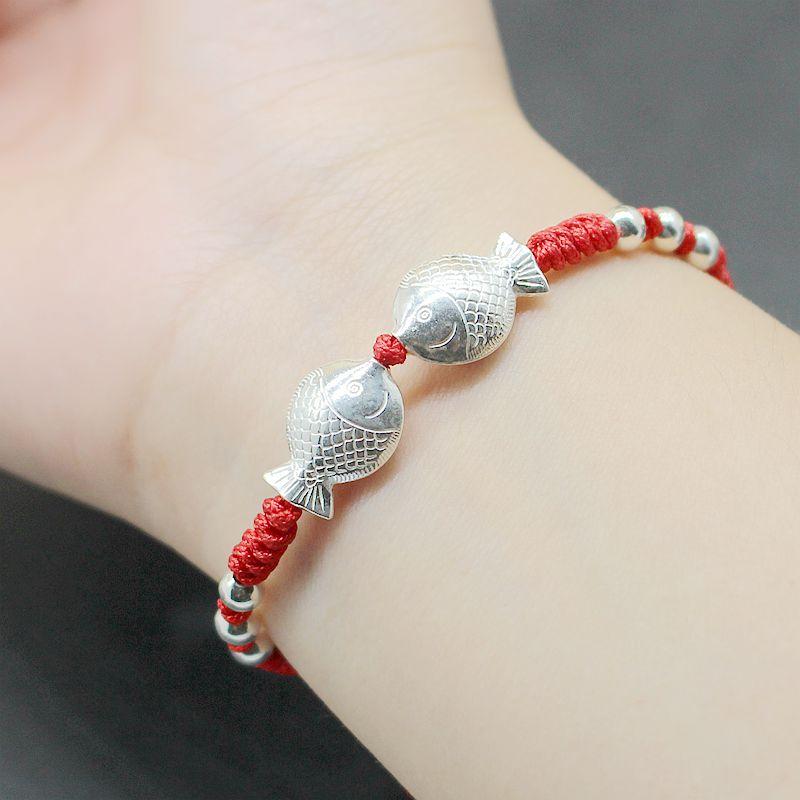 925 Sterling Silver Kissing KOI Fish FREEDOM & FERTILITY Lotus  Red Rope Bracelet