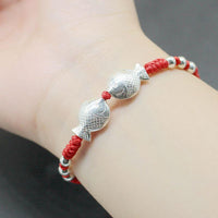 Thumbnail for 925 Sterling Silver Kissing KOI Fish FREEDOM & FERTILITY Lotus  Red Rope Bracelet