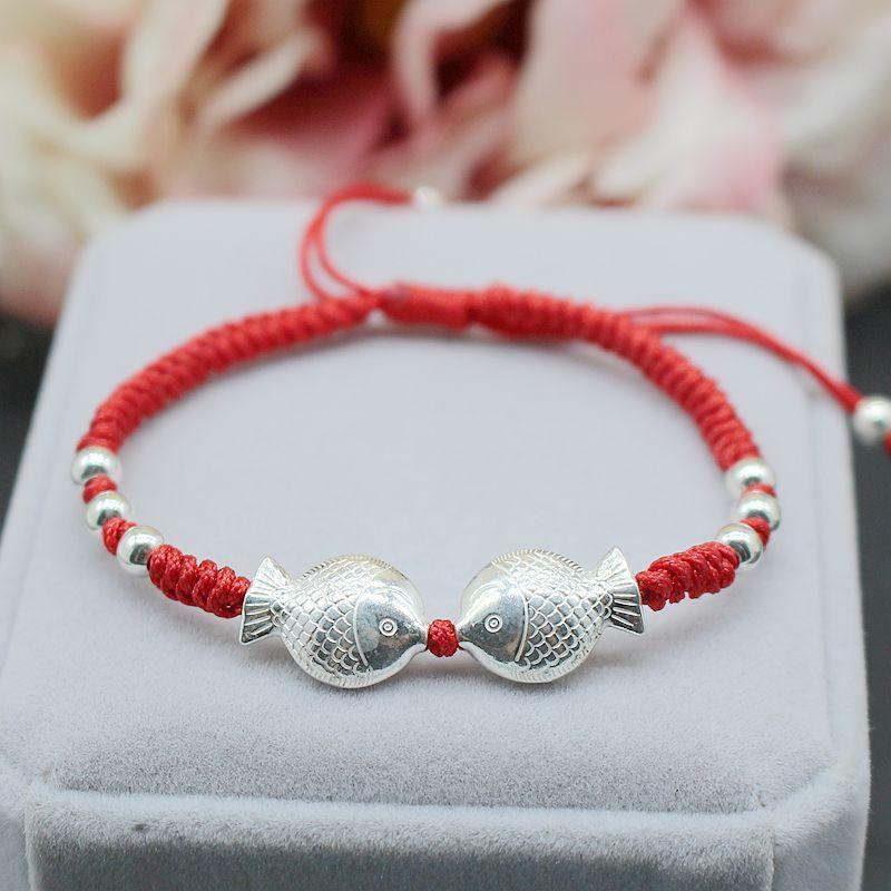 925 Sterling Silver Kissing KOI Fish FREEDOM & FERTILITY Lotus  Red Rope Bracelet