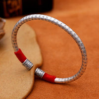 Thumbnail for Ethnic Thai Silver Auspicious Symbols & Red Rope Accented Bangle