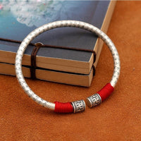 Thumbnail for Ethnic Thai Silver Auspicious Symbols & Red Rope Accented Bangle