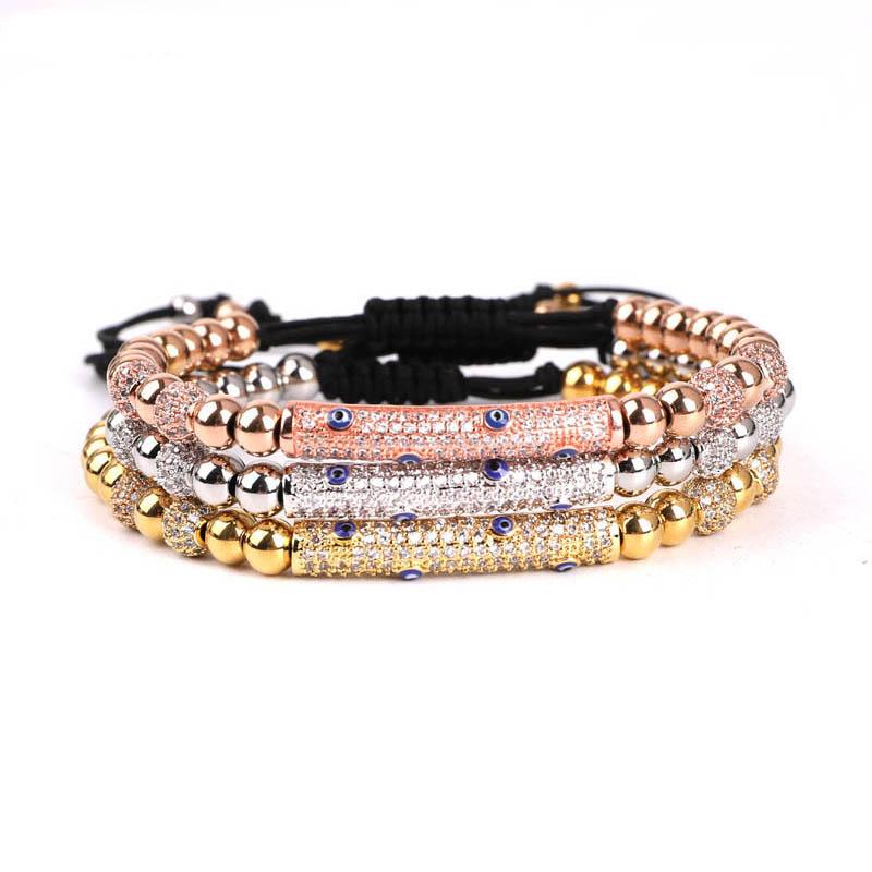 Luxury Cubic Zirconia Pave MINI EVIL EYES  Stainless Steel Bead Bracelet-3 colors