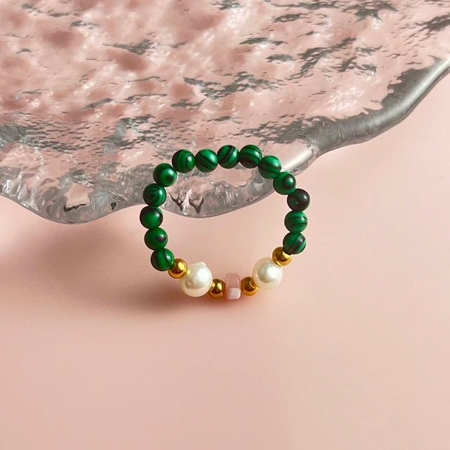 African Turquoise & Rhodonite with Freshwater Pearls 'BALANCE' Ring Set