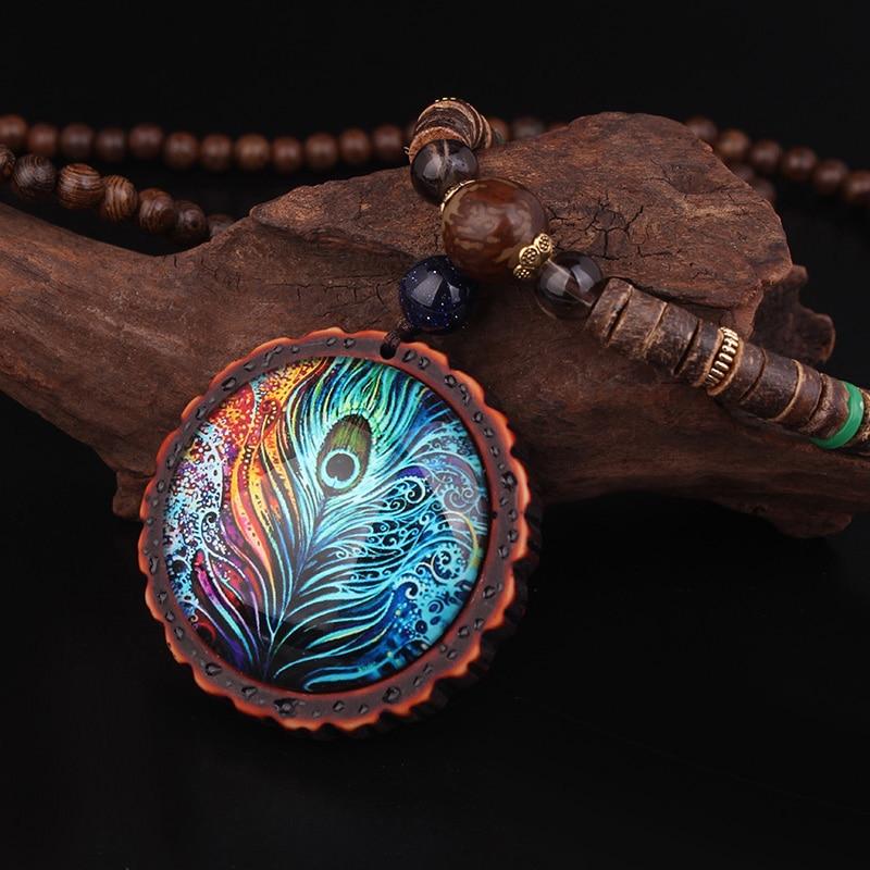 Ethnic Nepalese Peacock Feather Design & Sandalwood Necklace