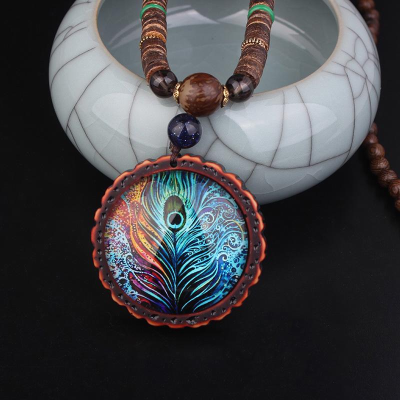 Ethnic Nepalese Peacock Feather Design & Sandalwood Necklace