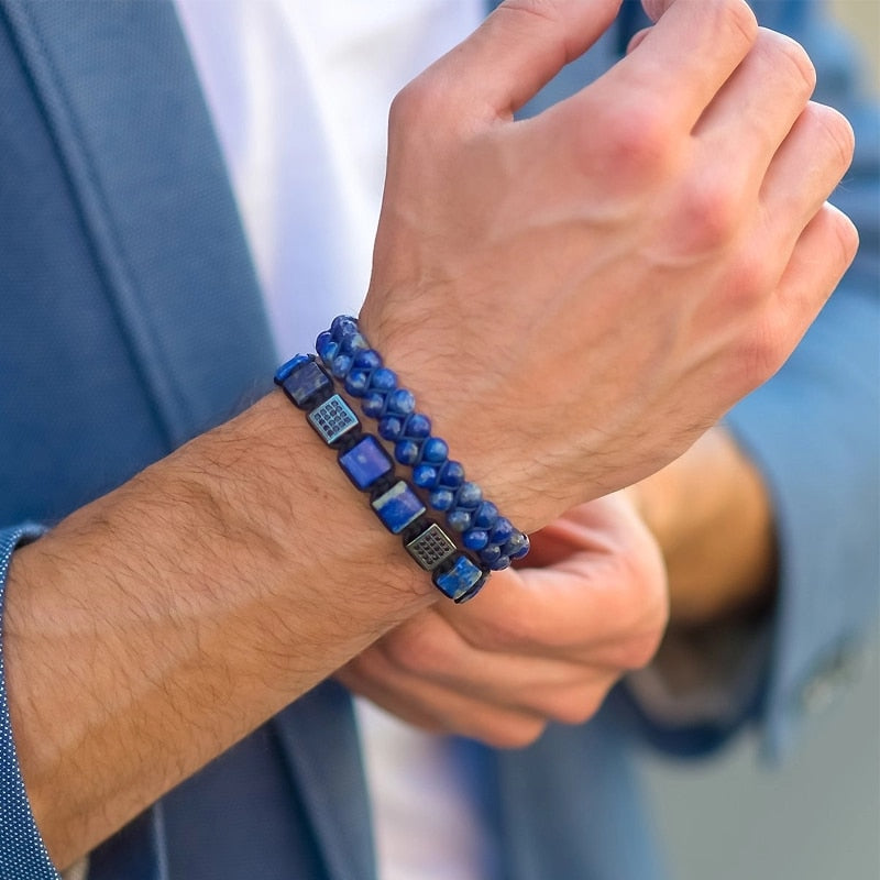 Luxury CZ Bead & Tiger Eye/ Hematite/ Lapis Lazuli Stone 'VIGOUR' 2pc Set