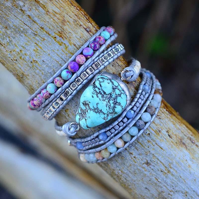 Natural Stone & Turquoise PROTECTION AMULET Wrap Bracelet