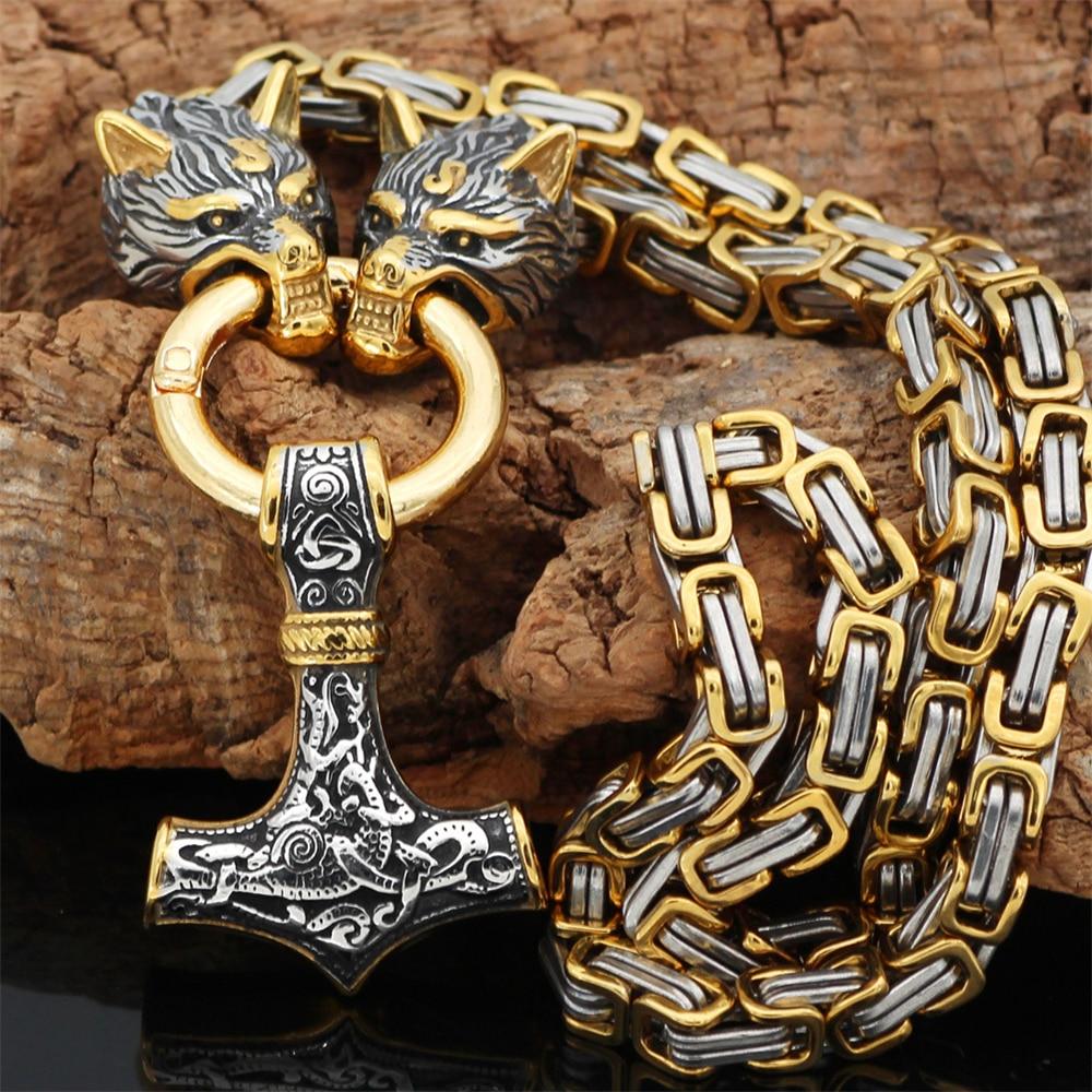 60-90cm Stainless Steel DOUBLE WOLF Head & Mjolnir SURVIVAL SPIRIT Necklace/Bracelet