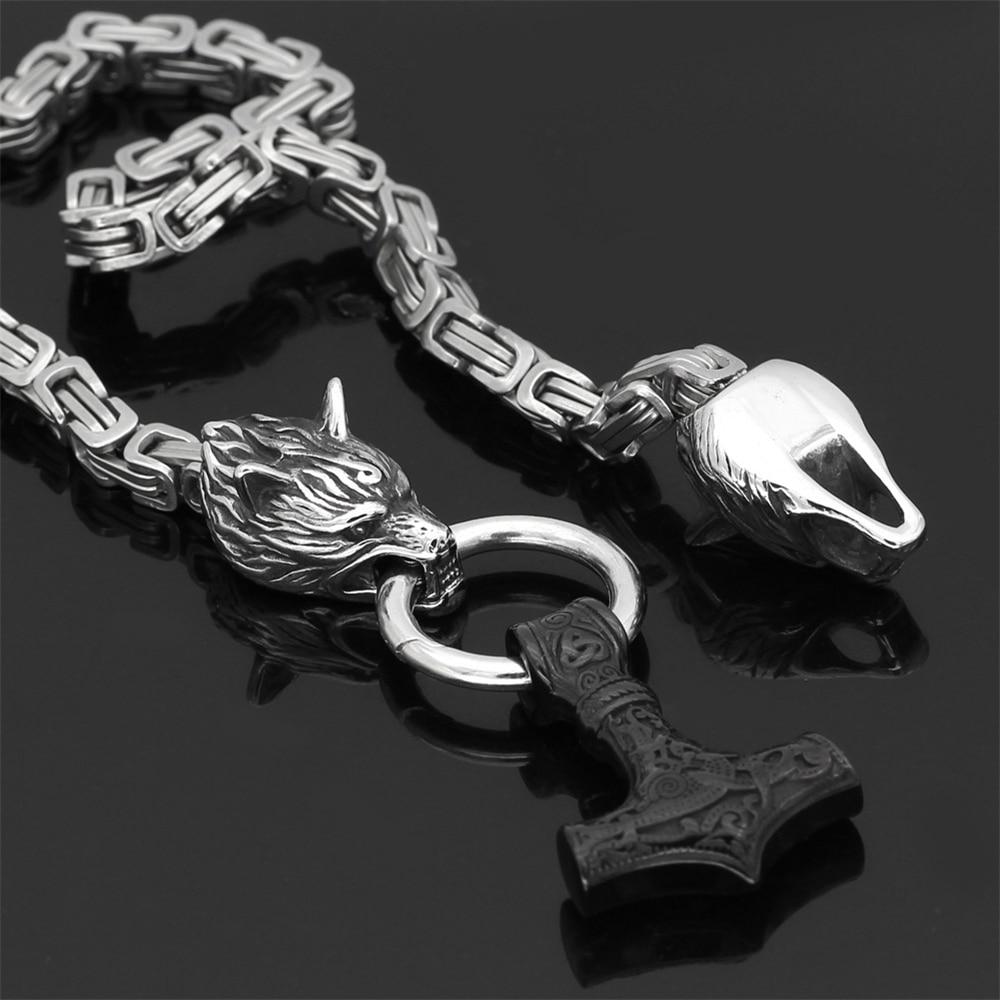 60-90cm Stainless Steel DOUBLE WOLF Head & Mjolnir SURVIVAL SPIRIT Necklace/Bracelet