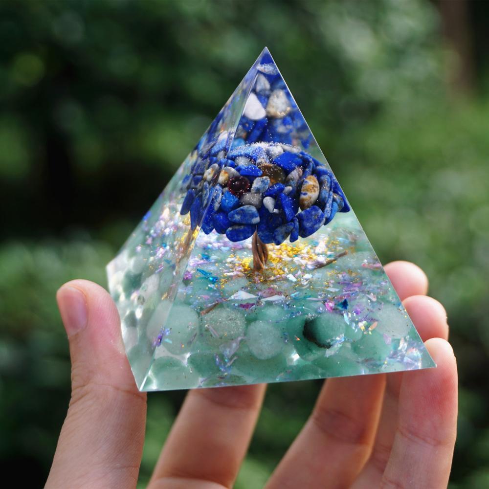 #233-Handmade Lapis Lazuli & Green Aventurine TREE of LIFE ‘BALANCE YOUR CHAKRAS ORGONITE Pyramid