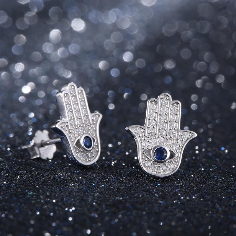 925 Sterling Silver Blue Evil Eye Hamsa Hand Stud Earrings