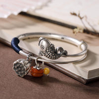 Thumbnail for ETHNIC THAI SILVER Koi Carp & Chalcedony Charms 'LONGEVITY' Bangle