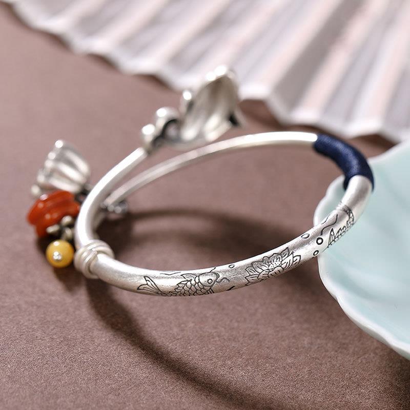 ETHNIC THAI SILVER Koi Carp & Chalcedony Charms 'LONGEVITY' Bangle