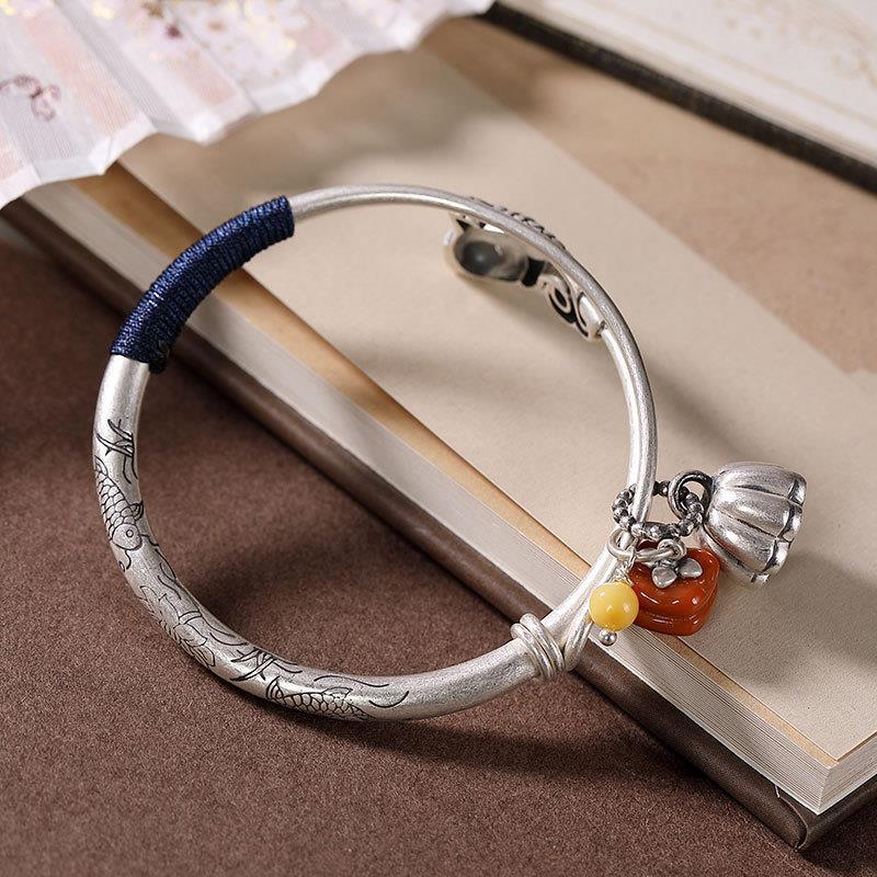 ETHNIC THAI SILVER Koi Carp & Chalcedony Charms 'LONGEVITY' Bangle