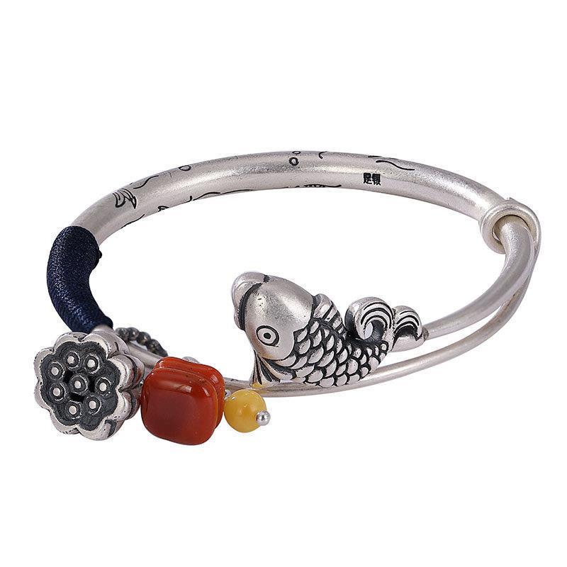 ETHNIC THAI SILVER Koi Carp & Chalcedony Charms 'LONGEVITY' Bangle