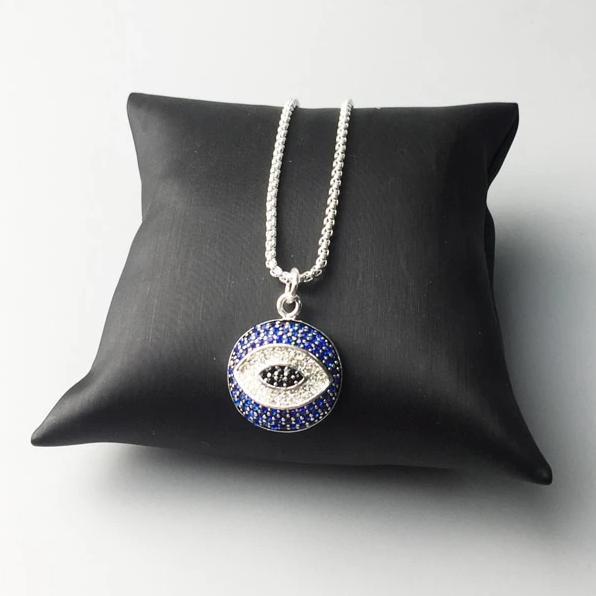 Silver & Zirconia Bejeweled Nazar Eye Pendant Necklace