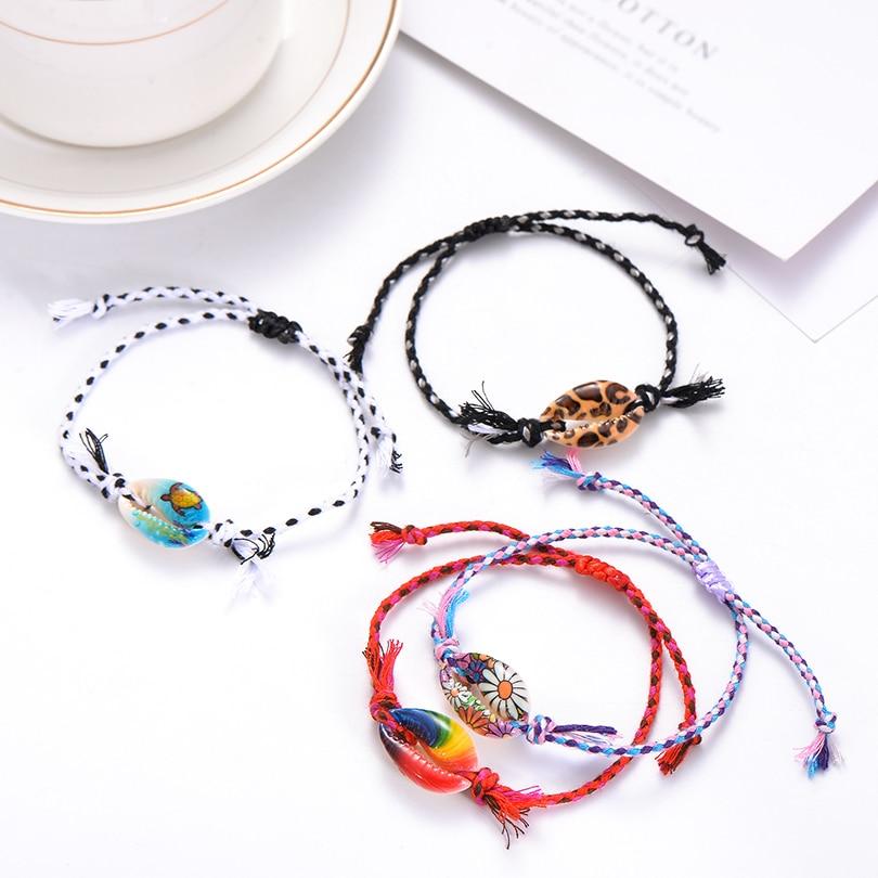 Printed Cowrie  Shell & Braided Cotton Rope  SUMMER FUN Boho Charm Bracelet-25 Styles/Colors