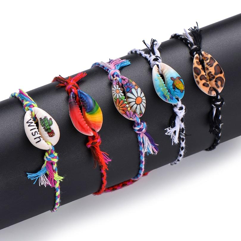 Printed Cowrie  Shell & Braided Cotton Rope  SUMMER FUN Boho Charm Bracelet-25 Styles/Colors