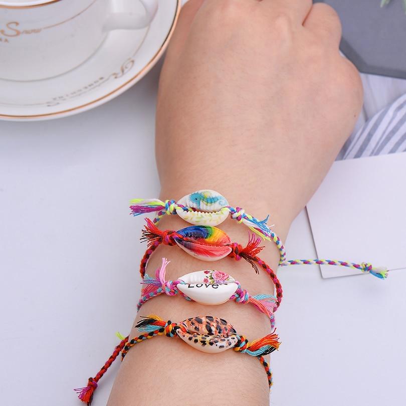 Printed Cowrie  Shell & Braided Cotton Rope  SUMMER FUN Boho Charm Bracelet-25 Styles/Colors