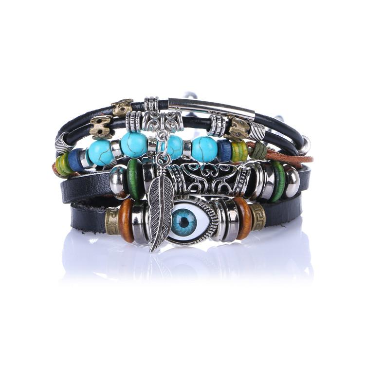 Adjustable Multi-layer Ethnic Evil Eye Leather Charm Bracelet